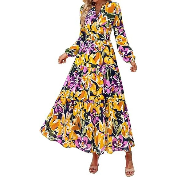 PRETTYGARDEN Women's Floral Maxi Dress Spring Long Sleeve V Neck Casual A Line Long Flowy Boho Party Dresses