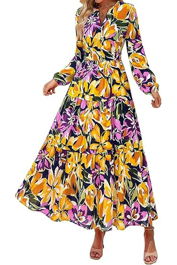 Women's Floral Maxi Dress Spring Long Sleeve V Neck Casual A Line Long Flowy Boho Party Dresses