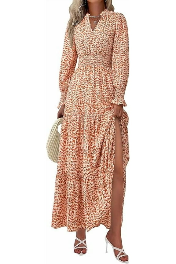 Women's Floral Maxi Dress Spring Long Sleeve V Neck Casual A Line Long Flowy Boho Party Dresses
