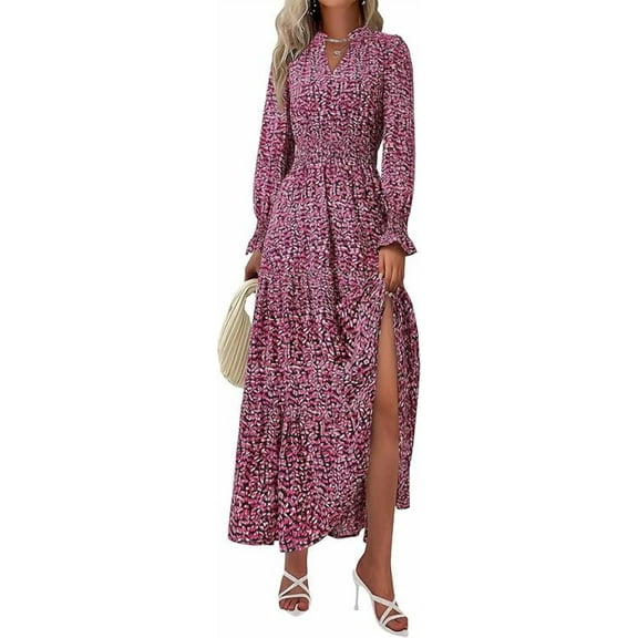 PRETTYGARDEN Women's Floral Maxi Dress Spring Long Sleeve V Neck Casual A Line Long Flowy Boho Party Dresses