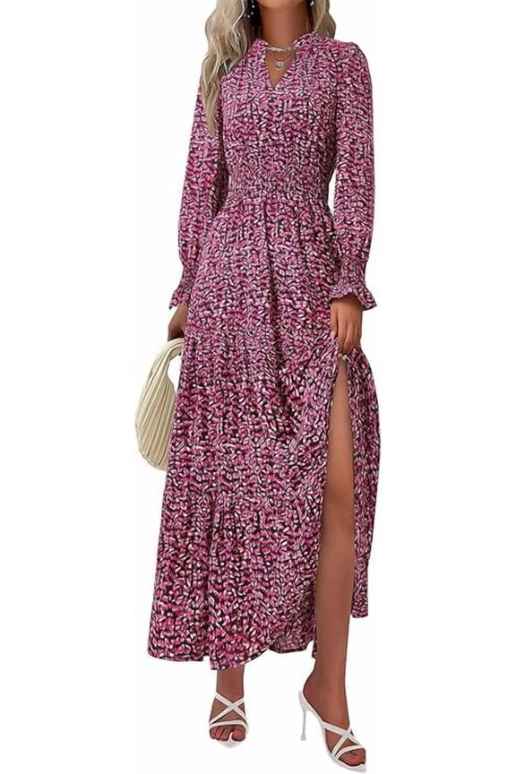 Women's Floral Maxi Dress Spring Long Sleeve V Neck Casual A Line Long Flowy Boho Party Dresses