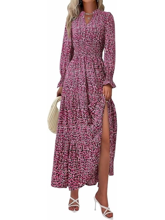 Women's Floral Maxi Dress fall Long Sleeve V Neck Casual A Line Long Flowy Boho Party Dresses