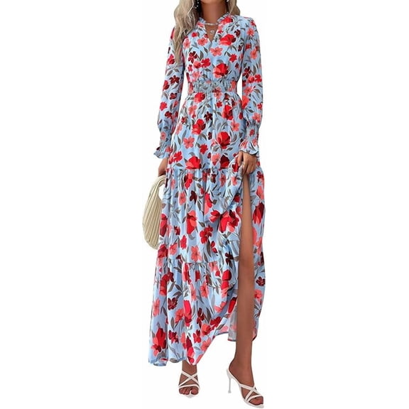 PRETTYGARDEN Women's Floral Maxi Dress Spring Long Sleeve V Neck Casual A Line Long Flowy Boho Party Dresses