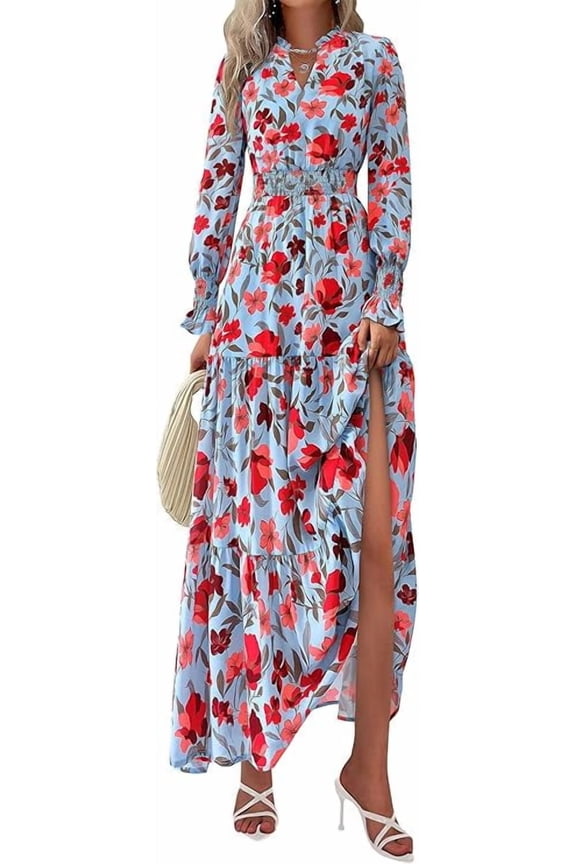 Women's Floral Maxi Dress Spring Long Sleeve V Neck Casual A Line Long Flowy Boho Party Dresses