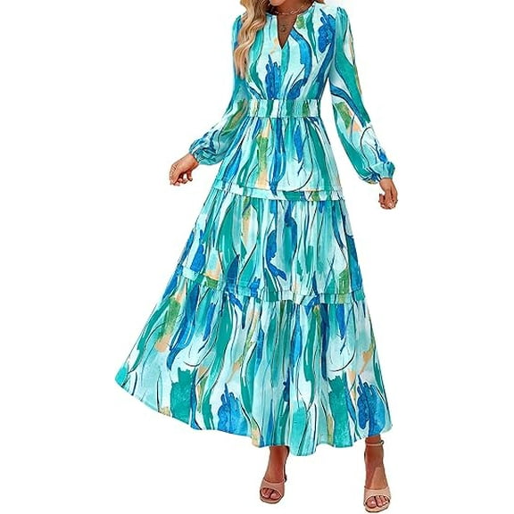 PRETTYGARDEN Women's Floral Maxi Dress Spring Long Sleeve V Neck Casual A Line Long Flowy Boho Party Dresses