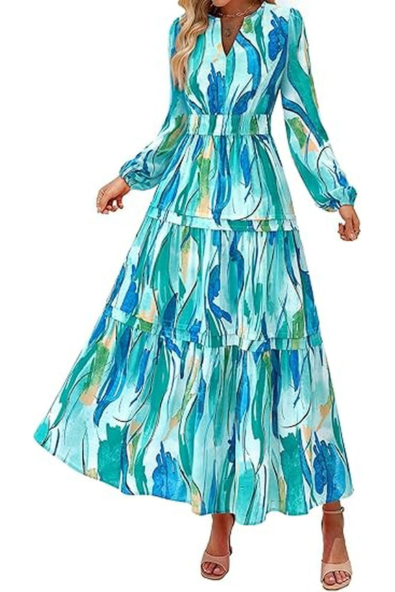 Women's Floral Maxi Dress Spring Long Sleeve V Neck Casual A Line Long Flowy Boho Party Dresses