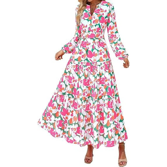 PRETTYGARDEN Women's Floral Maxi Dress Spring Long Sleeve V Neck Casual A Line Long Flowy Boho Party Dresses