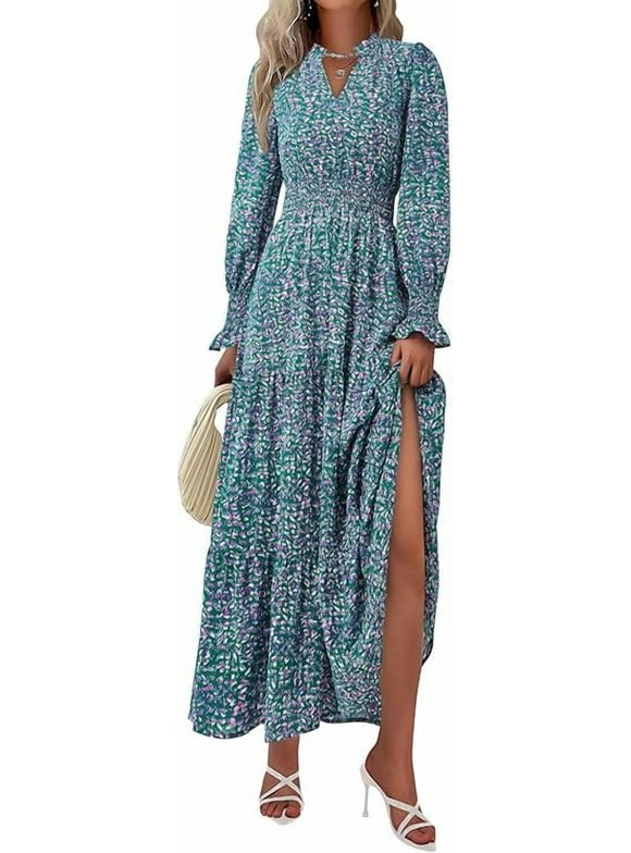 Women's Floral Maxi Dress Spring Long Sleeve V Neck Casual A Line Long Flowy Boho Party Dresses