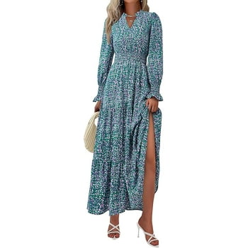 PRETTYGARDEN Women's Floral Maxi Dress Spring Long Sleeve V Neck Casual A Line Long Flowy Boho Party Dresses