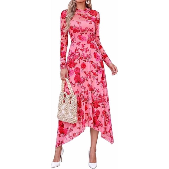 PRETTYGARDEN Women's Floral Mesh Midi Dress,Fall Wedding Guest Dresses, Sheer Long Sleeve, Mock Neck, A-line, Fit & Flare, Cocktail Holiday Party, Date Night Outfits