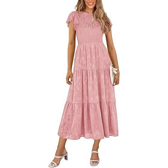 PRETTYGARDEN Women's Floral Midi Dress Summer Cap Sleeve Smocked Ruffle A Line Long Flowy Wedding Guest Dresses