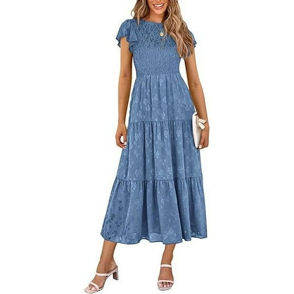 PRETTYGARDEN Women's Floral Midi Dress Summer Cap Sleeve Smocked Ruffle A Line Long Flowy Wedding Guest Dresses