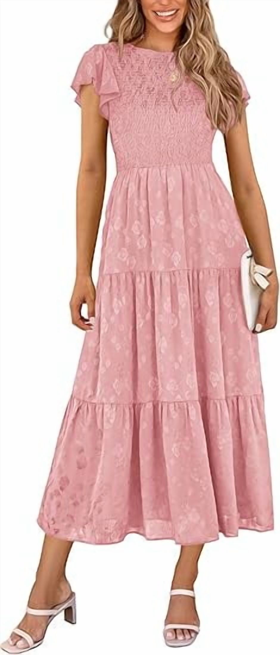 PRETTYGARDEN Women's Floral Midi Dress Summer Cap Sleeve Smocked Ruffle ...