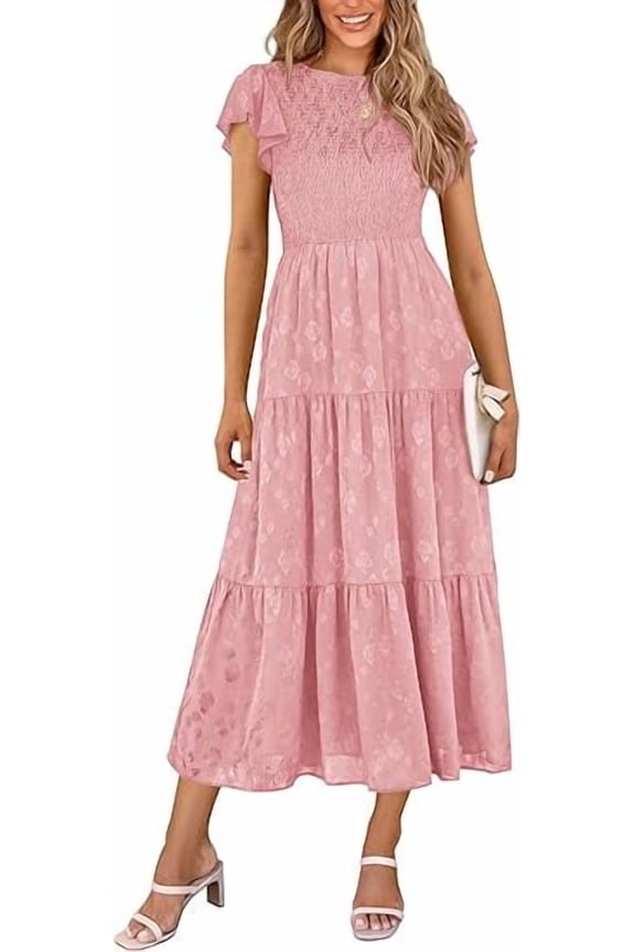 Women's Floral Midi Dress Summer Cap Sleeve Smocked Ruffle A Line Long Flowy Wedding Guest Dresses