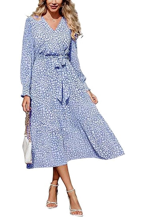 Women's Floral Print Boho Dress Long Sleeve Wrap V Neck Ruffle Belted A-Line Flowy Maxi Dresses
