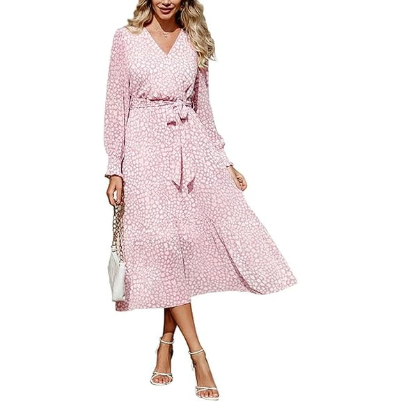 PRETTYGARDEN Women's Floral Print Boho Dress Long Sleeve Wrap V Neck Ruffle Belted A-Line Flowy Maxi Dresses