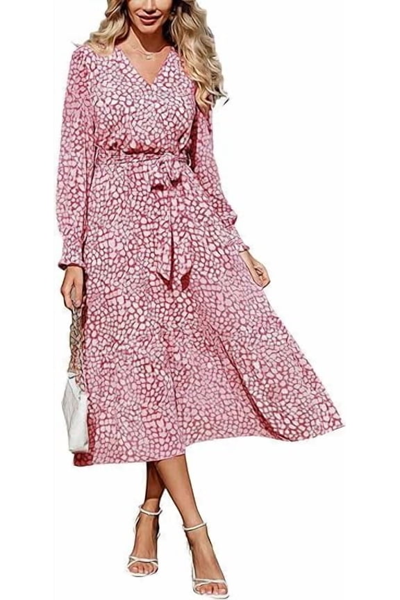Women's Floral Print Boho Dress Long Sleeve Wrap V Neck Ruffle Belted A-Line Flowy Maxi Dresses