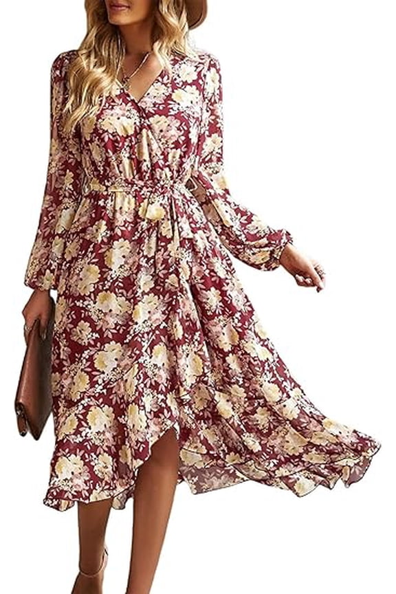 Women's Floral Print Boho Dress Long Sleeve Wrap V Neck Ruffle Belted A-Line Flowy Maxi Dresses