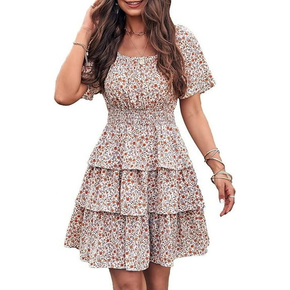 PRETTYGARDEN Women's Floral Summer Short Dress Square Neck Short Sleeve Tiered Ruffle Boho Swing Dresses