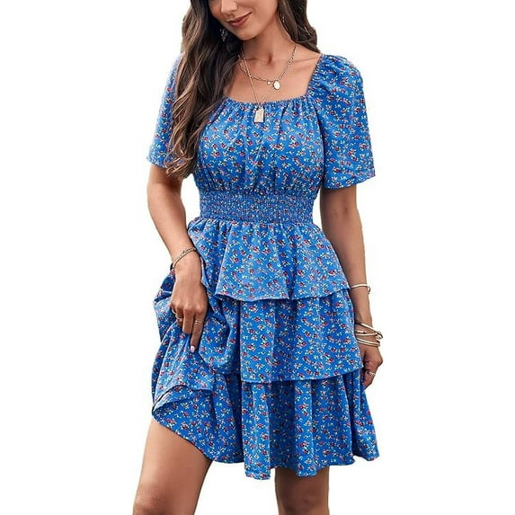 PRETTYGARDEN Women's Floral Summer Short Dress Square Neck Short Sleeve Tiered Ruffle Boho Swing Dresses