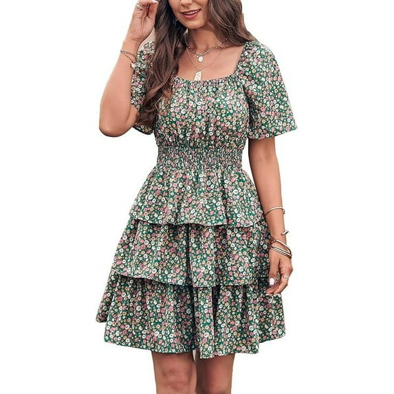 PRETTYGARDEN Women's Floral Summer Short Dress Square Neck Short Sleeve Tiered Ruffle Boho Swing Dresses