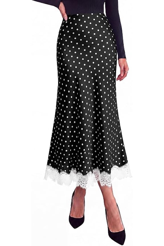 Women's Flowy Satin Midi A Line Skirt | Dressy Lace Trim, Elastic High Waisted, Fall Fashion Bottoms, Elegant Outfits for Wedding Guest, Cocktail Party & Date Night