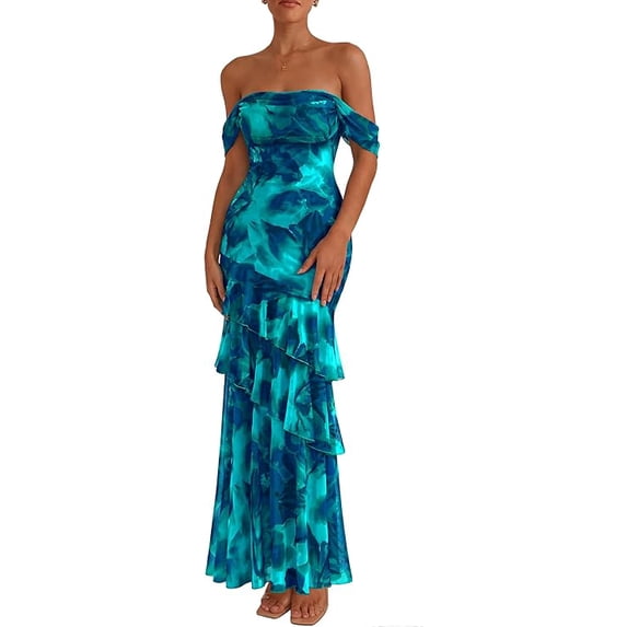 PRETTYGARDEN Women's Formal Cocktail Maxi Dresses Summer Off Shoulder Floral Mesh Bodycon Spring Wedding Guest Dress