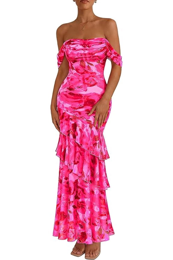 Women's Formal Cocktail Maxi Dresses Summer Off Shoulder Floral Mesh Bodycon Spring Wedding Guest Dress