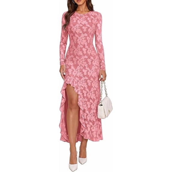 PRETTYGARDEN Women's Formal Maxi Floral Dresses with Slit Long Sleeve Ruffle Hem, Elegant Outfit for Wedding Guest & Cocktail Party, Bodycon Crewneck Mesh Dresses, Fall Fashion