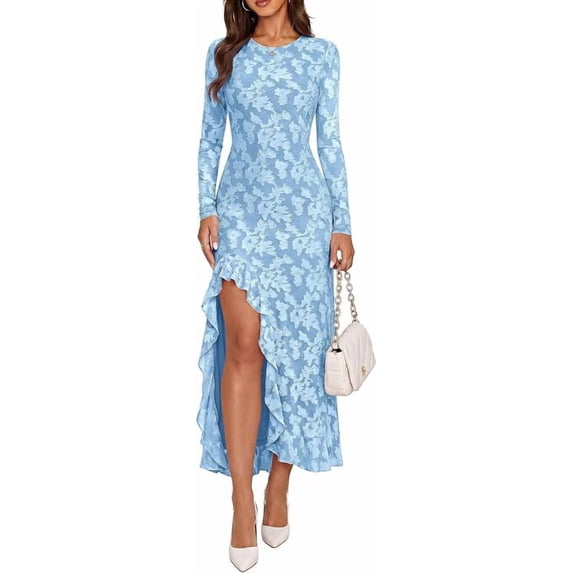 PRETTYGARDEN Women's Formal Maxi Floral Dresses with Slit Long Sleeve Ruffle Hem, Elegant Outfit for Wedding Guest & Cocktail Party, Bodycon Crewneck Mesh Dresses, Fall Fashion
