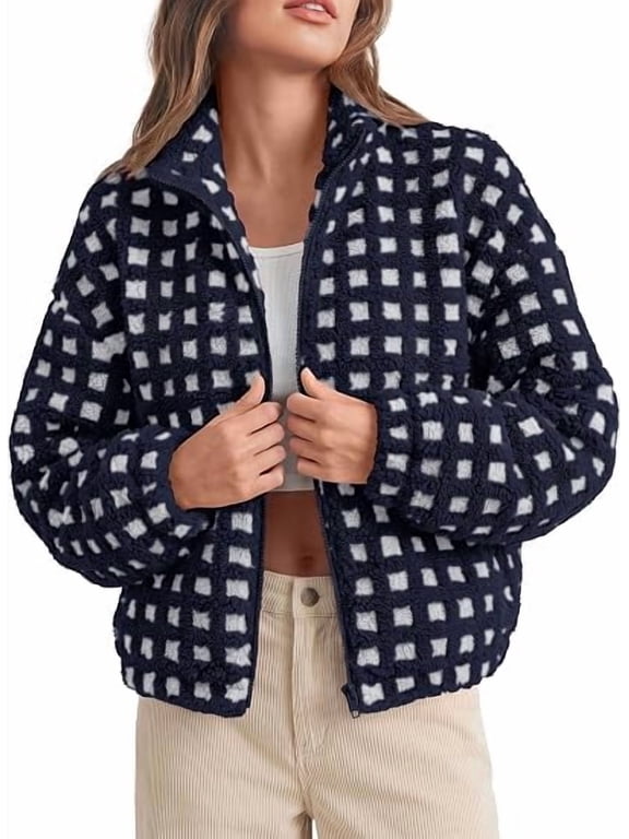 Women's Gingham Sherpa Fleece Jacket Plaid Cropped Teddy Coat Trendy Y2K Winter Jacket, Zip Up Stand Collar, Side Pockets, Fall Outfit for Casual Daily, Going Out, Streetwear, Outdoor