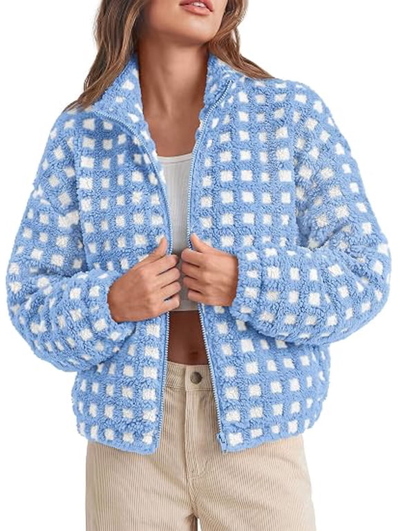 Women's Gingham Sherpa Fleece Jacket Plaid Cropped Teddy Coat Trendy Y2K Winter Jacket, Zip Up Stand Collar, Side Pockets, Fall Outfit for Casual Daily, Going Out, Streetwear, Outdoor