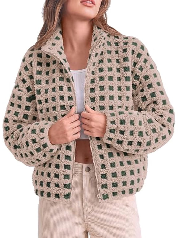 Women's Gingham Sherpa Fleece Jacket Plaid Cropped Teddy Coat Trendy Y2K Winter Jacket, Zip Up Stand Collar, Side Pockets, Fall Outfit for Casual Daily, Going Out, Streetwear, Outdoor
