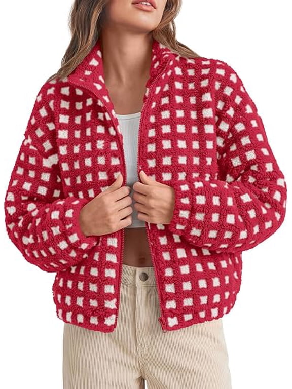 Women's Gingham Sherpa Fleece Jacket Plaid Cropped Teddy Coat Trendy Y2K Winter Jacket, Zip Up Stand Collar, Side Pockets, Fall Outfit for Casual Daily, Going Out, Streetwear, Outdoor
