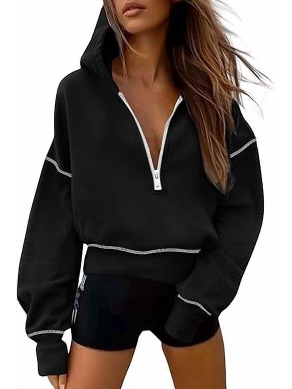 Women's Hooded Sweatshirts Long Sleeve Half Zip Cropped Hoodie Pullover Winter Fashion Clothes