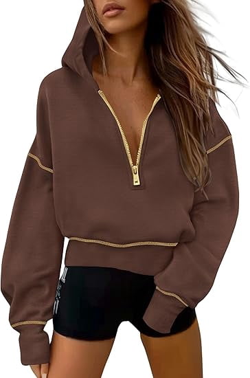 PRETTYGARDEN Women's Hooded Sweatshirts Long Sleeve Half Zip Cropped Hoodie Pullover Winter Fashion Clothes
