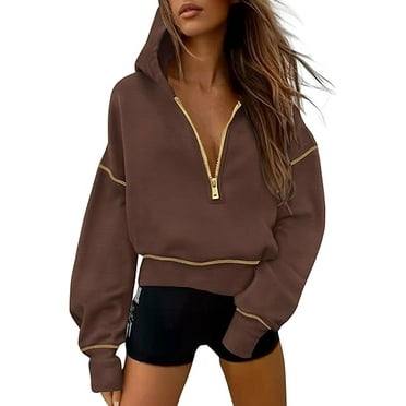 PRETTYGARDEN Women's Hooded Sweatshirts Long Sleeve Half Zip Cropped Hoodie Pullover Winter Fashion Clothes