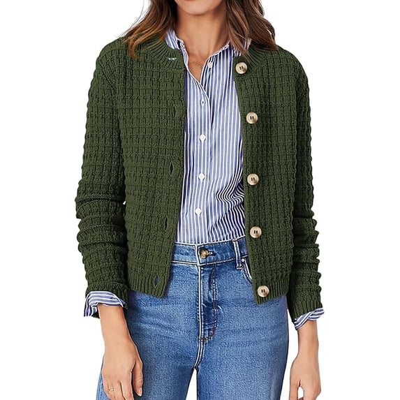 PRETTYGARDEN Women's Green Cotton Knit Cardigan Sweater, size L, with button front closure