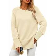 PRETTYGARDEN Women's Knit Fall Sweaters Long Sleeve Pullover Crewneck Split Hem Oversized Tunic Sweater Tops Winter Clothing