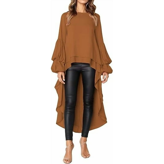 PRETTYGARDEN Women's Lantern Long Sleeve Round Neck High Low Asymmetrical Irregular Hem Casual Tops Blouse Shirt Dress