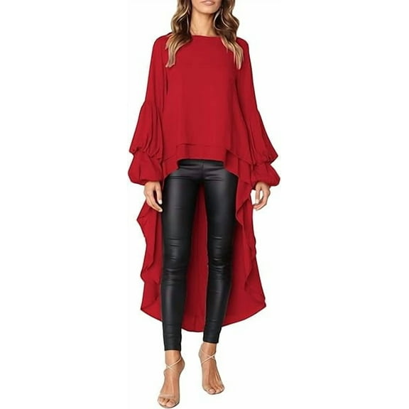 PRETTYGARDEN Women's Lantern Long Sleeve Round Neck High Low Asymmetrical Irregular Hem Casual Tops Blouse Shirt Dress