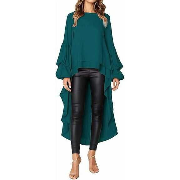 PRETTYGARDEN Women's Lantern Long Sleeve Round Neck High Low Asymmetrical Irregular Hem Casual Tops Blouse Shirt Dress