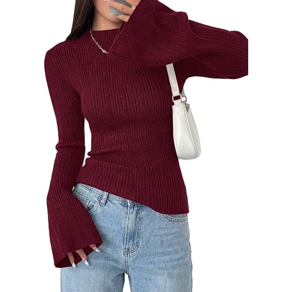 PRETTYGARDEN Women's Lightweight Mock Neck Sweaters | Bell Long Sleeve Tops, Slim Fitted Pullover, Soft Ribbed Knit, Going Out Outfits, Fall Winter Layering, Fashion Clothing