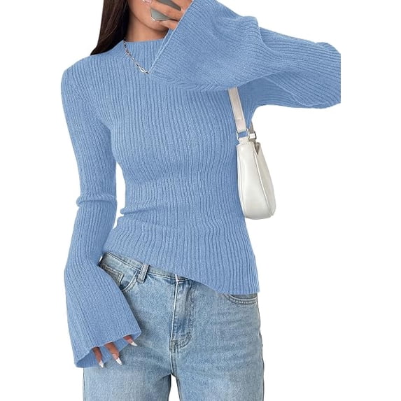 PRETTYGARDEN Women's Lightweight Mock Neck Sweaters | Bell Long Sleeve Tops, Slim Fitted Pullover, Soft Ribbed Knit, Going Out Outfits, Fall Winter Layering, Fashion Clothing