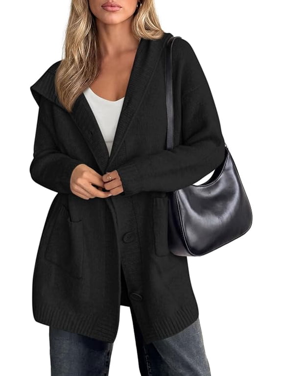 Women's Long Cardigans Hooded Chunky Sweaters Cozy Knit Jacket, Button up, Loose Fit, Pockets, Fall Coats, Trendy Casual, Going Out, Holiday Outfits, Winter Clothing