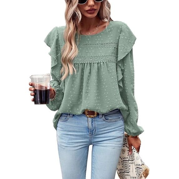 PRETTYGARDEN Women's Long Sleeve Blouses Ruffle Swiss Dot Crochet Loose Fit Spring Fall Tunic Dressy Casual Tops