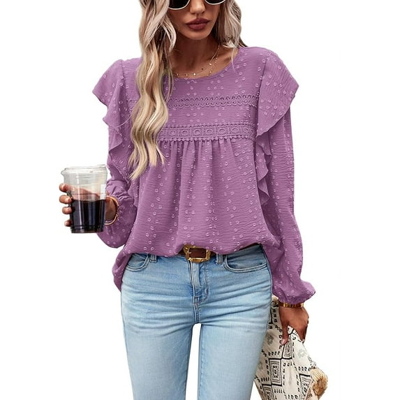PRETTYGARDEN Women's Long Sleeve Blouses Ruffle Swiss Dot Crochet Loose Fit Spring Fall Tunic Dressy Casual Tops