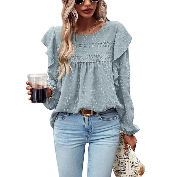 PRETTYGARDEN Women's Long Sleeve Blouses Ruffle Swiss Dot Crochet Loose Fit Spring Fall Tunic Dressy Casual Tops