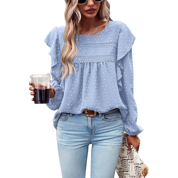 PRETTYGARDEN Women's Long Sleeve Blouses Ruffle Swiss Dot Crochet Loose Fit Spring Fall Tunic Dressy Casual Tops