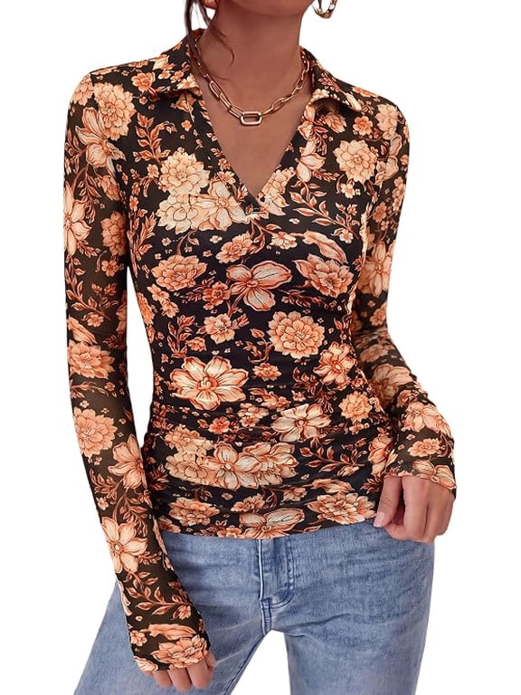 Women's Long Sleeve Boho Floral Mesh Tops Fall V Neck Blouses,Fitted Polo Shirts, Collared, Double Lined, Dressy Casual, Going Out Date Night Outfits, Spring Lightweight Travel Clothes